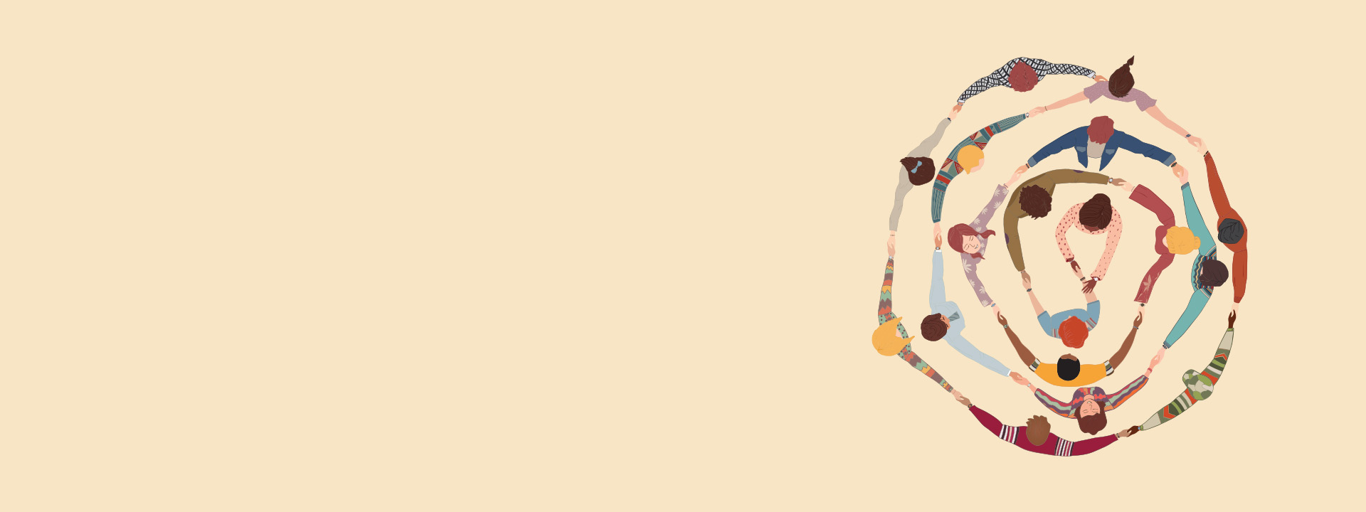 Well-Being at Work Virtual Conference Illustrated overhead view of people in circles holding hands