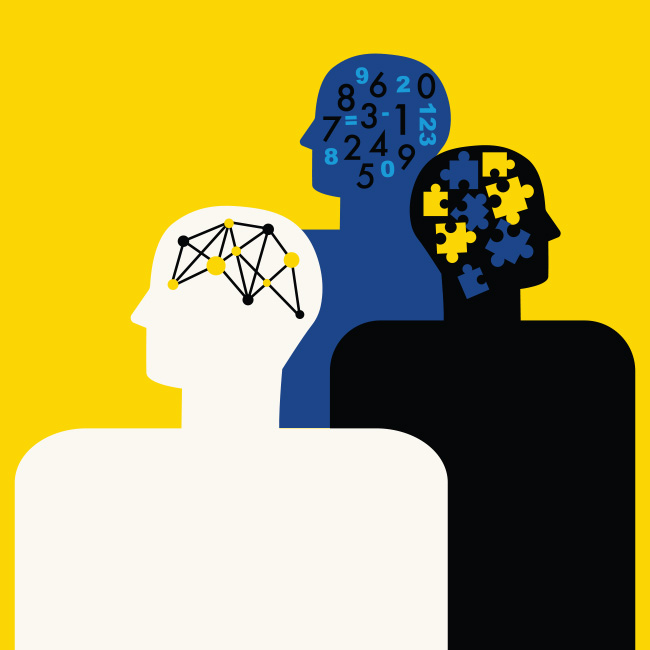 Illustration of three people with puzzles in their heads
