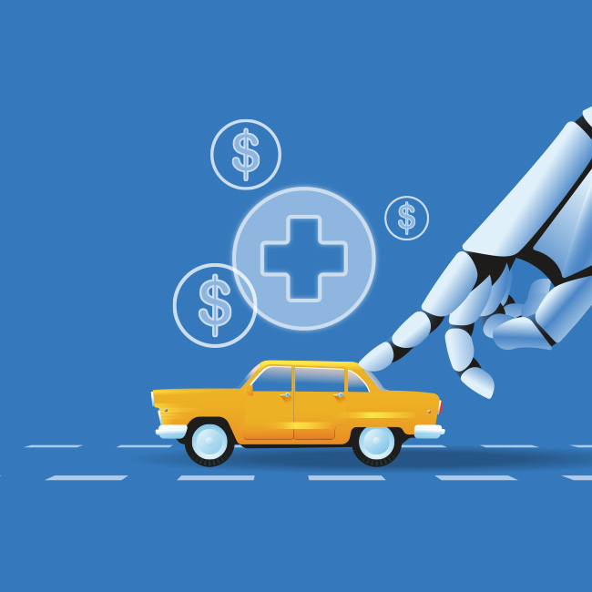 Illustration of a robot hand pushing a car with money and health care icons above it