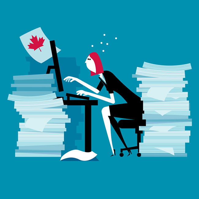 Illustration of a woman working on a computer with a maple leaf on a paper