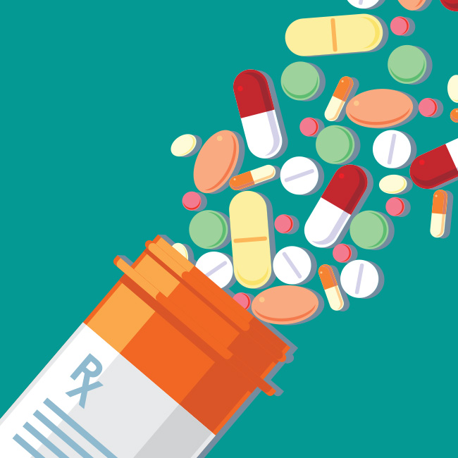 Illustration of a pill bottle and pills coming out of it