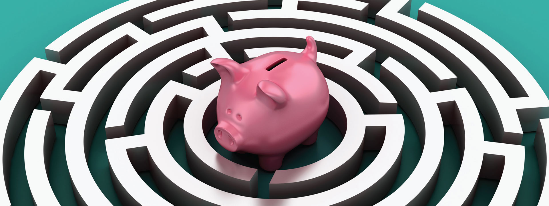 Illustration of a piggy bank in the center of a circular maze