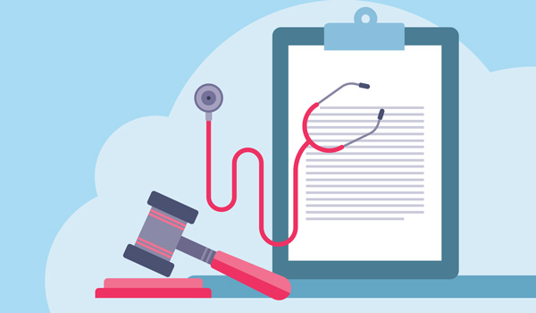 Illustration of a gavel, a stethescope, and a clipboard