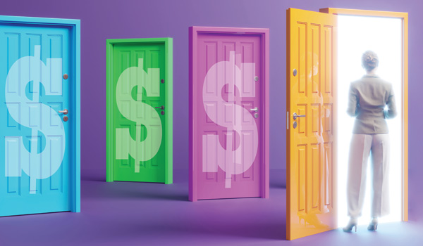 A woman looking into an open doorway amongst other doors with dollar signs on them