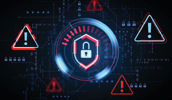 Various cybersecurity icons including warning symbols and locks
