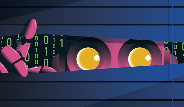 Illustration of a robot looking through blinds
