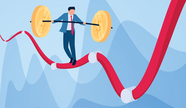 Illustration of a businessman walking on a curved line holding a barbell with coins on the ends